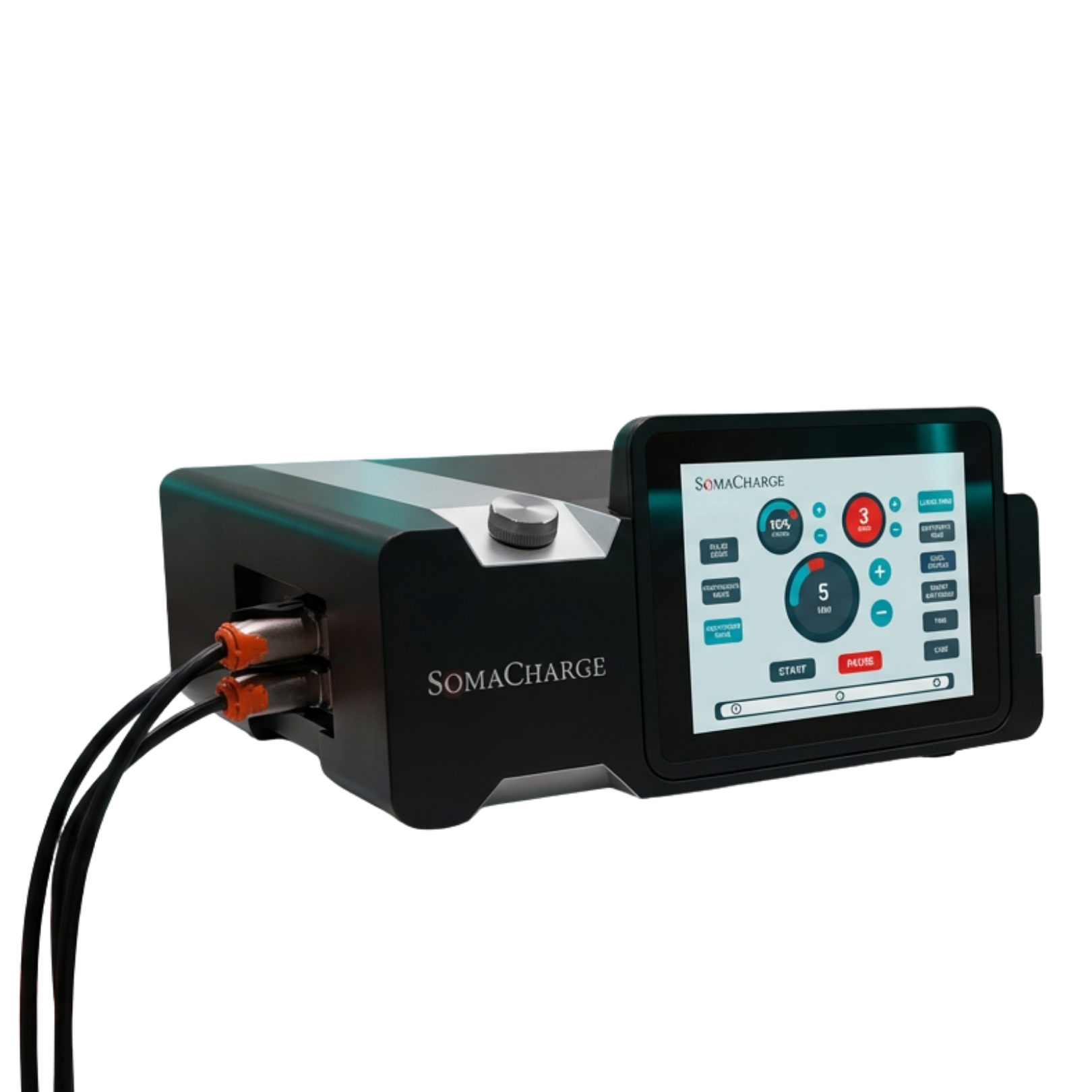 A tablet is sitting on top of a black tray on a white background.