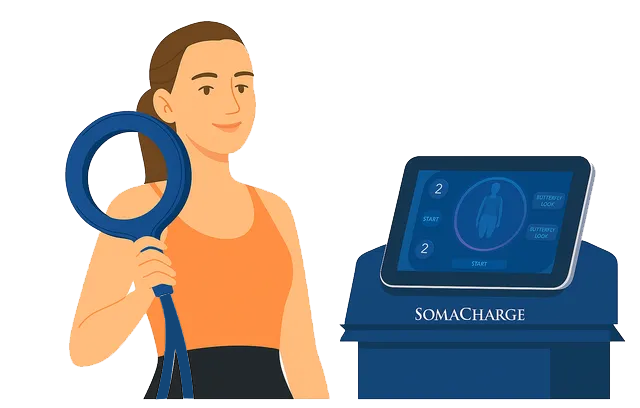 A woman is holding a blue ring in front of a somacharge machine.