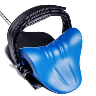 A blue pillow with a black handle on a white background