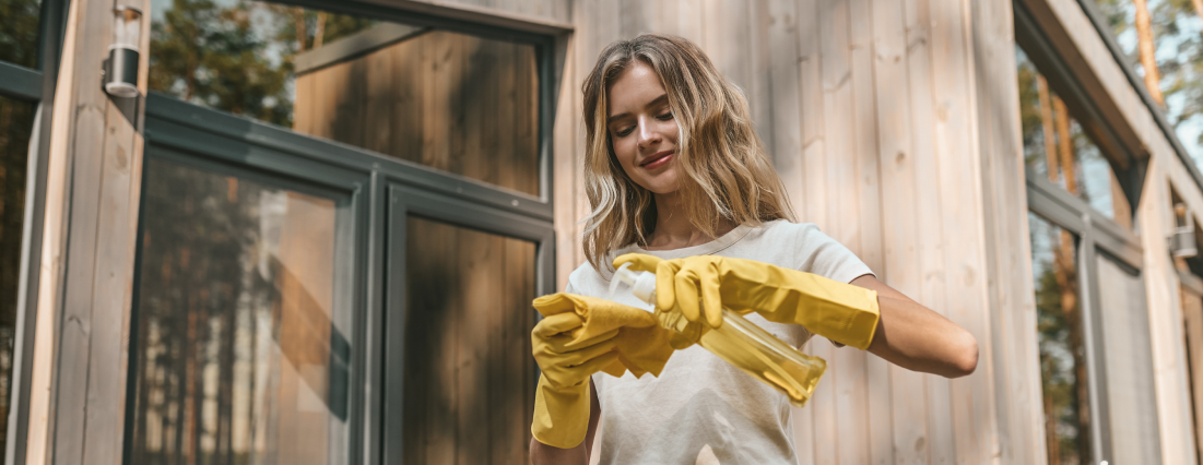 A woman wearing yellow gloves is cleaning a window.