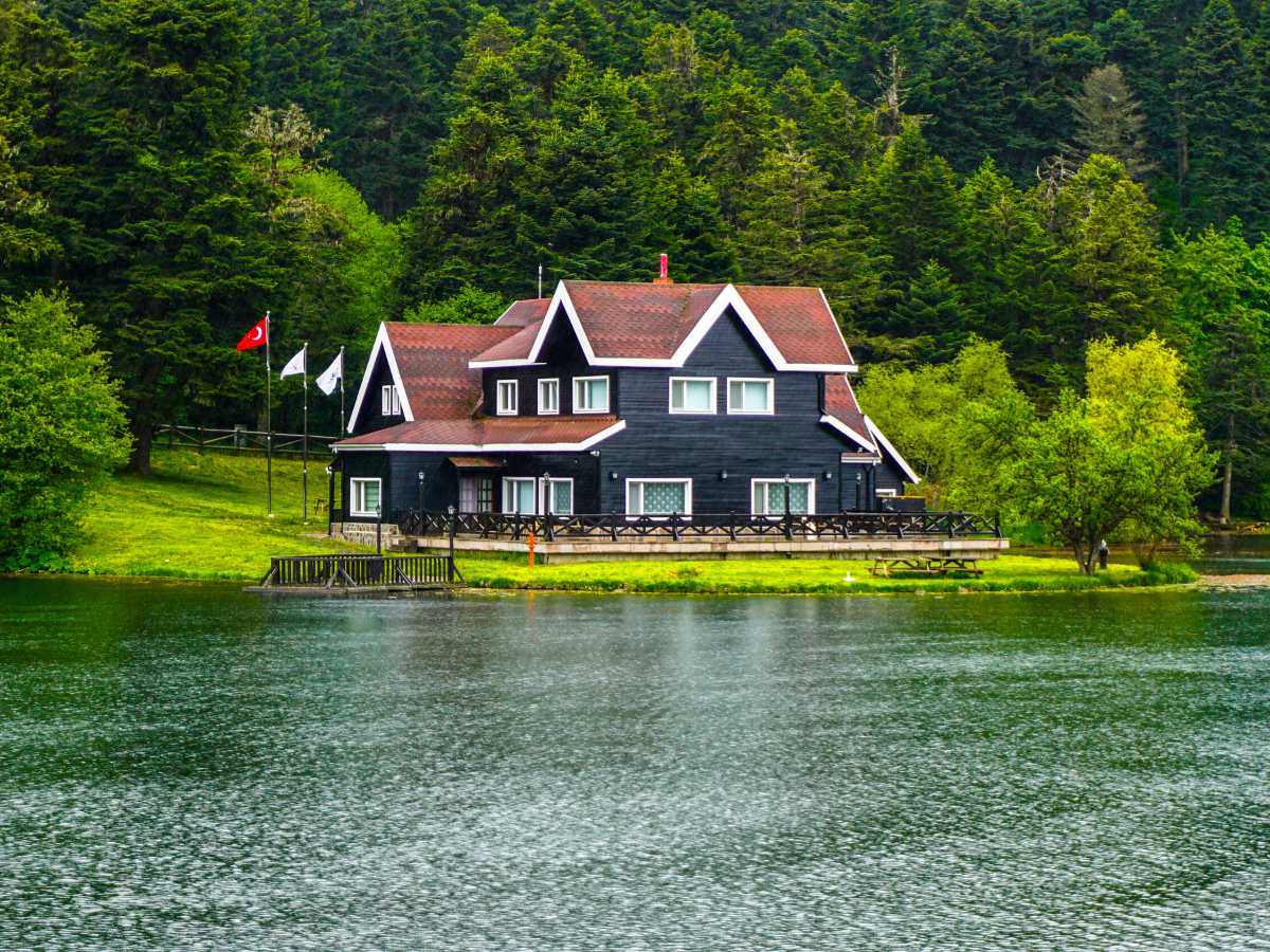 Lakeside house with dark exterior and red roof, surrounded by green trees and overlooking water.