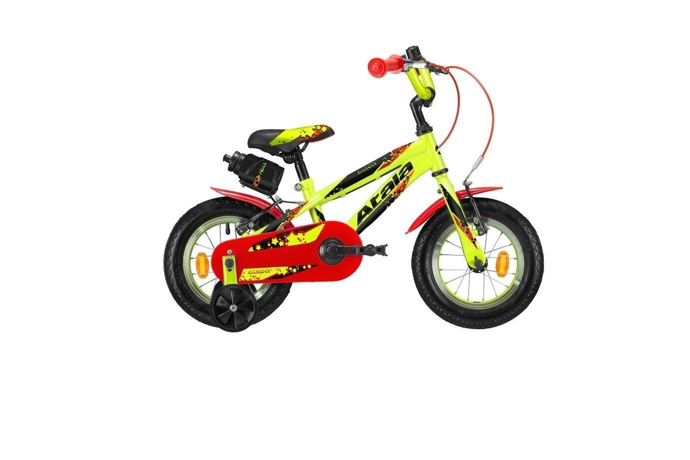 Una bicicletta gialla e rossa su uno sfondo bianco.