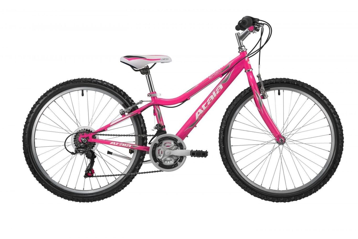 Una bicicletta rosa è raffigurata su uno sfondo bianco.