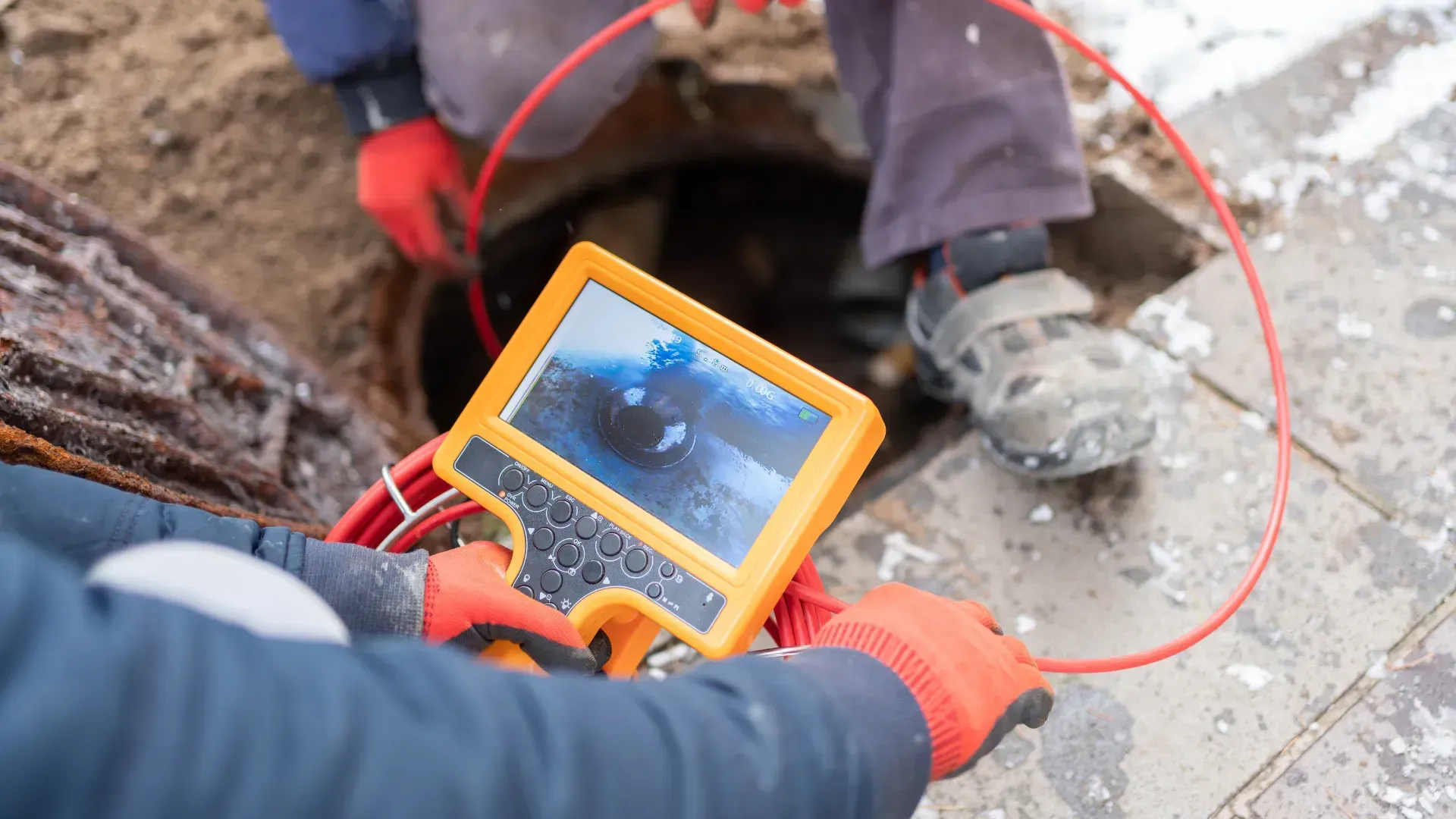A man is using a camera to look into a manhole.