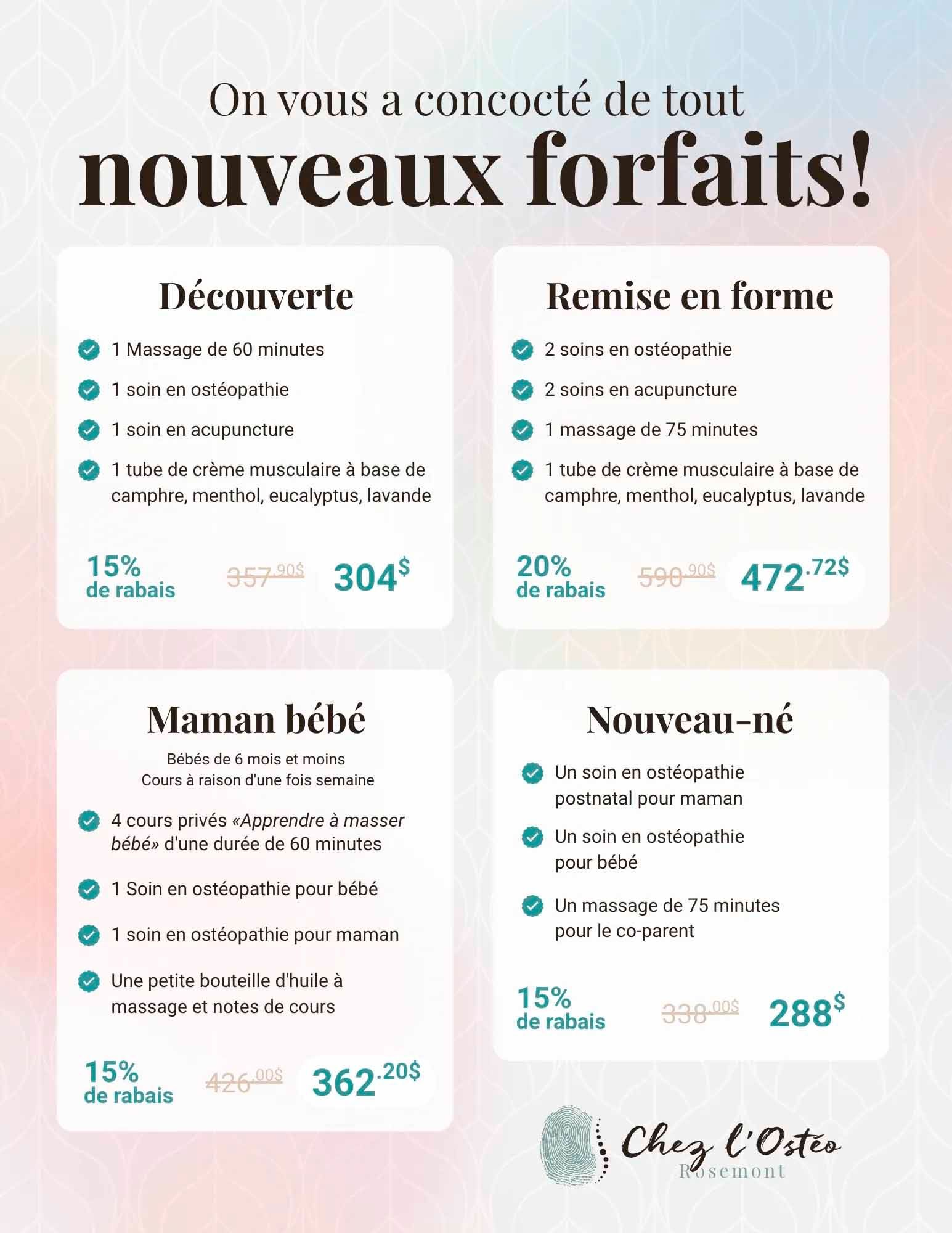 Visuel promotionnel pour les forfaits spa, avec quatre options : Découverte, Remise en forme, Maman-Bébé et Nouveau-né. Chaque option inclut son prix.