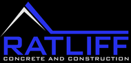 A blue and white logo for ratliff concrete and construction