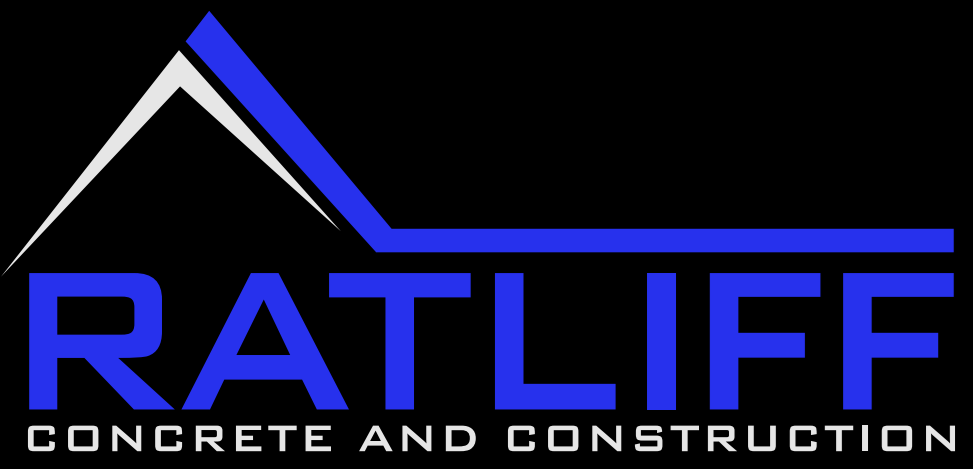 A blue and white logo for ratliff concrete and construction