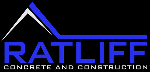 A blue and white logo for ratliff concrete and construction