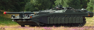 A military tank is driving through a field of purple flowers.