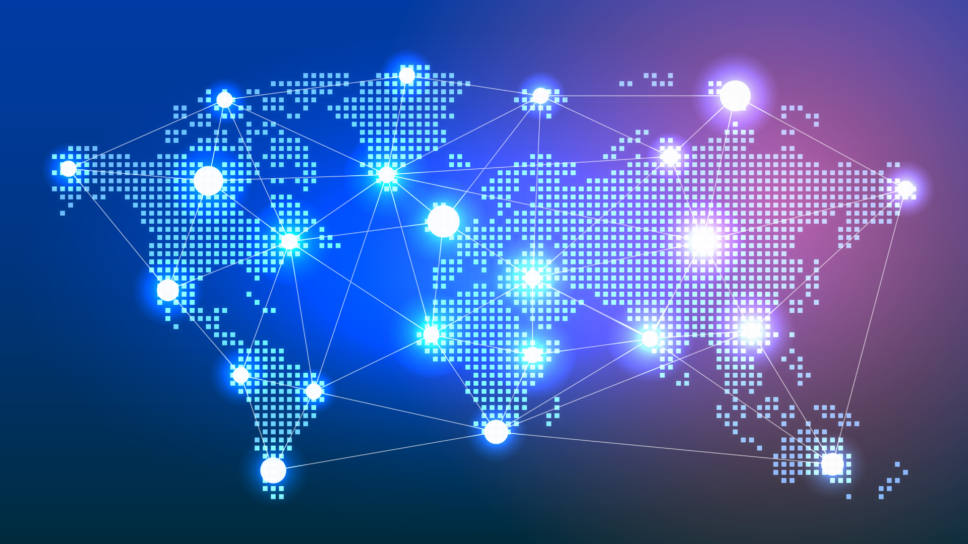 a map of the world with glowing dots on a blue and purple background .