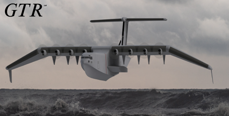 A large gray airplane is flying over a field.