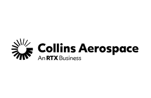 A black and white logo for collins aerospace an rtx business.