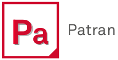 A red and white logo for a company called patron.