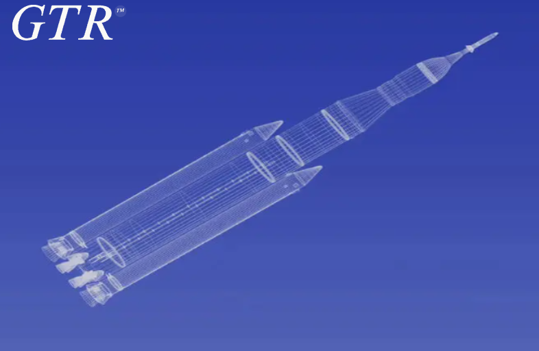 A model of a rocket with gtr written on the bottom
