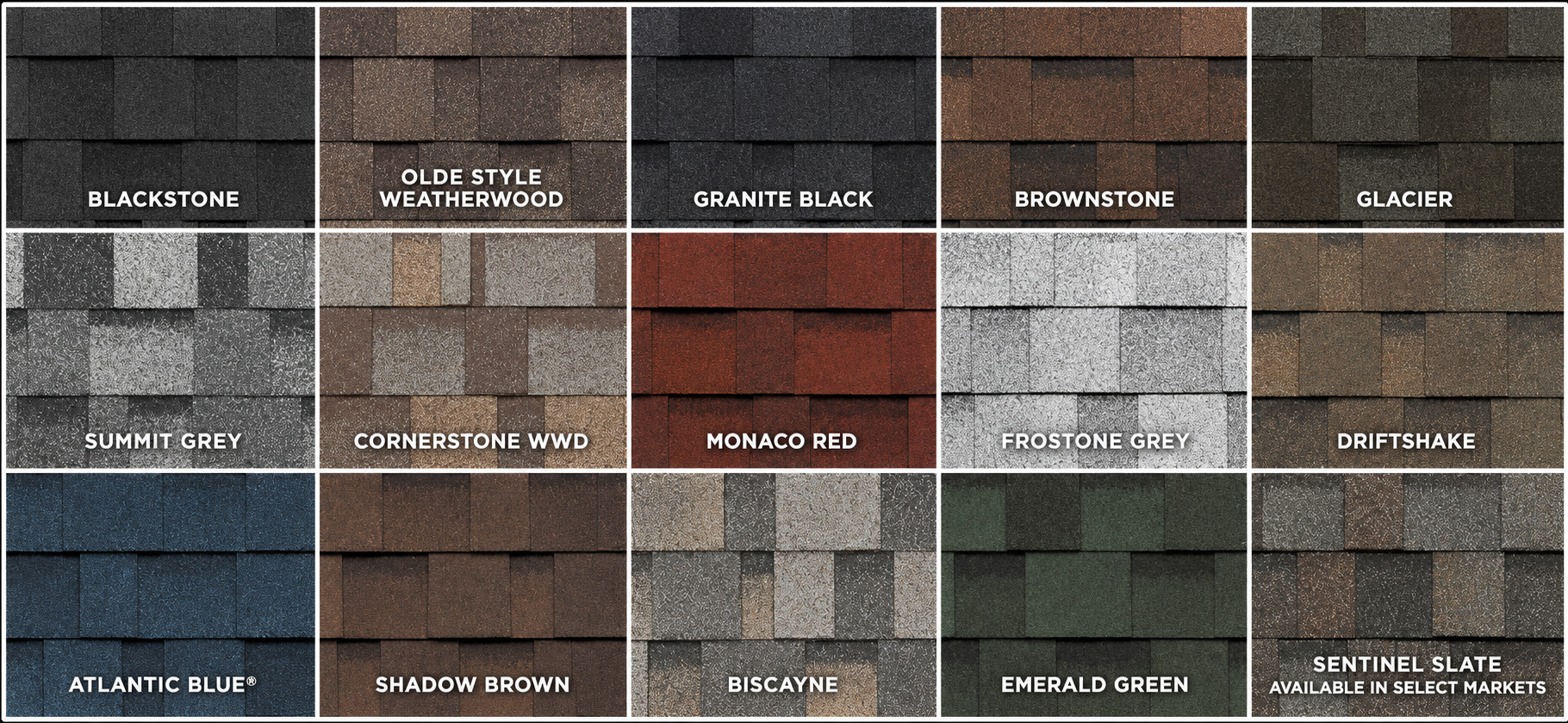IKO Dynasty Shingle Colors Blackstone Olde Style Weatherwood Granite Black Brownstone Glacier Summit Grey Cornerstone WWD Monaco Red Frostone Grey Driftshake Atlantic Blue Shadow Brown Biscayne Emerald Green Sentinel Slate - St. Peters - Home Comfort Exteriors