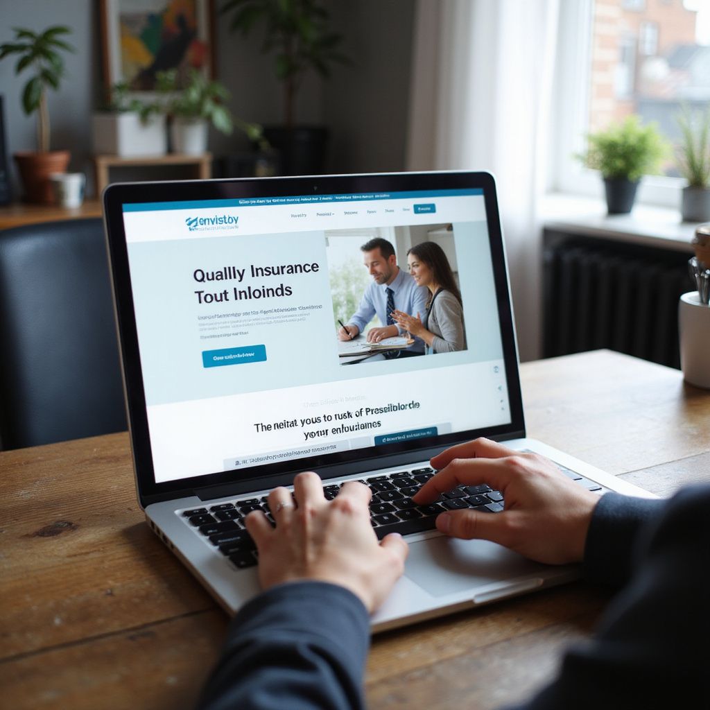 Person typing on laptop displaying a website offering quality insurance, indoors, wooden table.