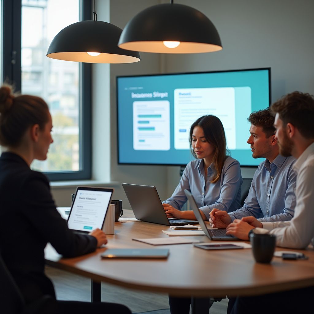 Business meeting in a modern office with colleagues using laptops and looking at a screen.