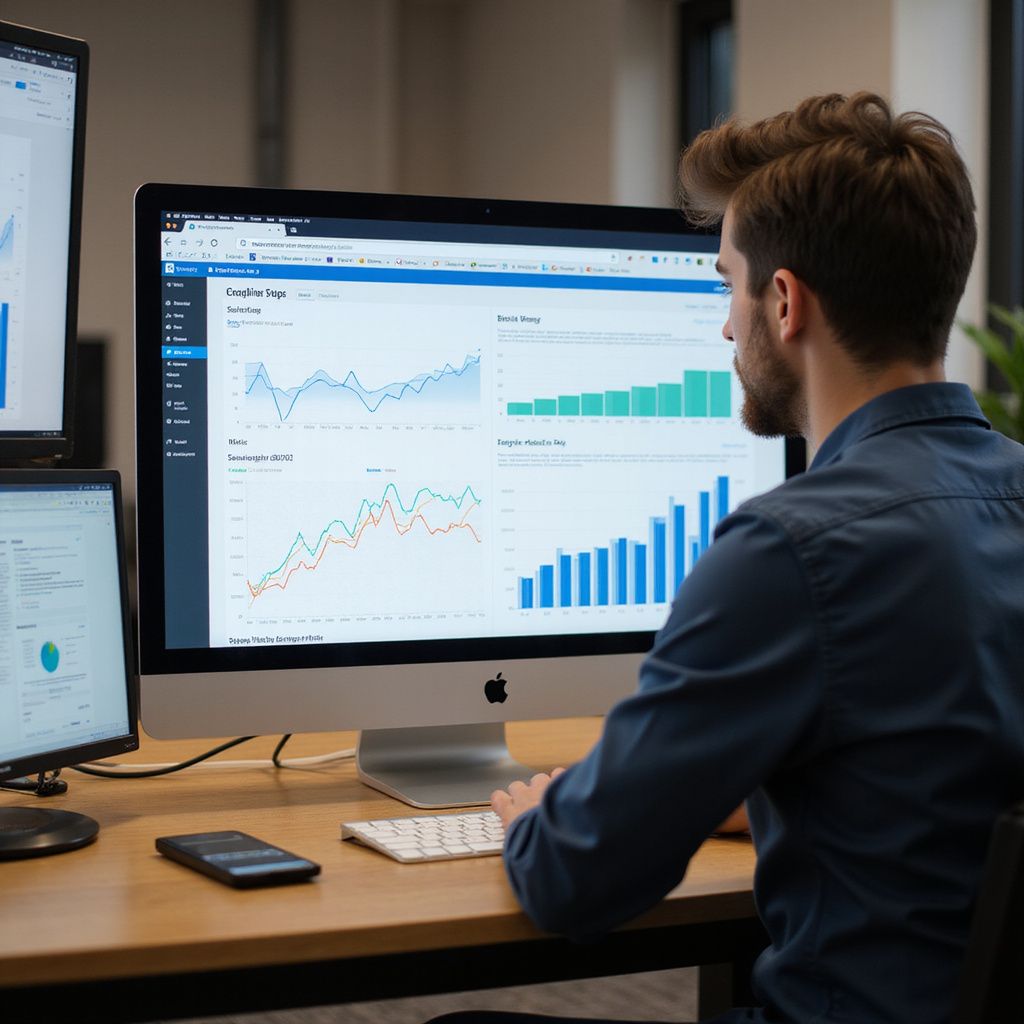 Man analyzing data on multiple computer monitors at a desk.