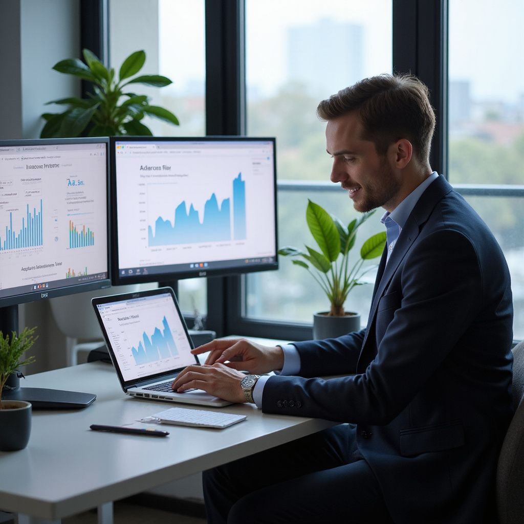 Man in suit analyzing graphs on a laptop and monitors, smiling in an office setting.