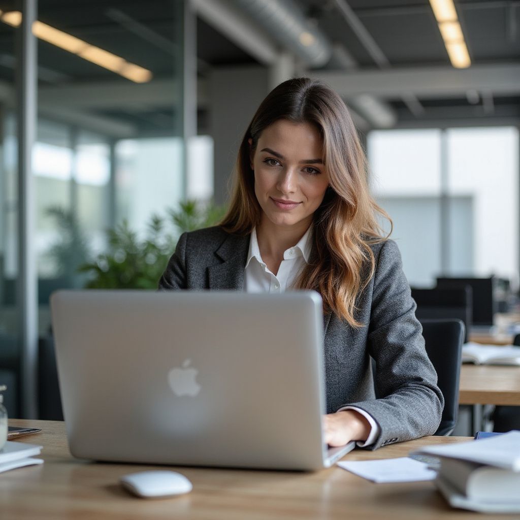 Woman in grey blazer working on a laptop in an office setting, smiling.