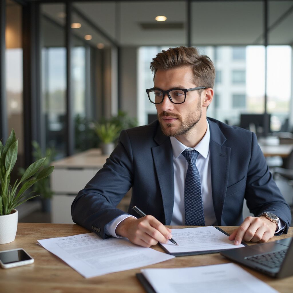 Man in suit at desk, writing on document, looking thoughtful, office setting.