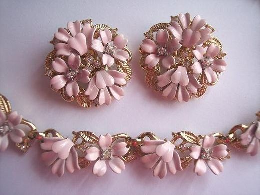 Trifari Pink Flower Necklace and Earrings
