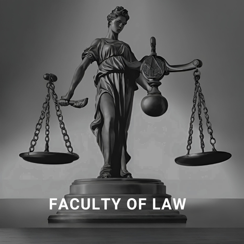 A statue of lady justice with the words faculty of law below it