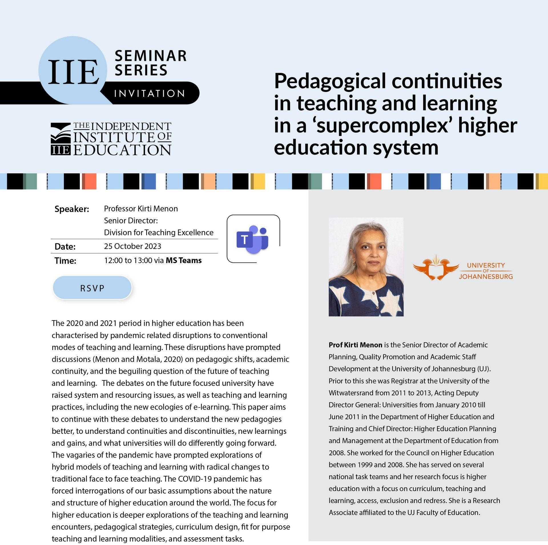 A flyer for a seminar series on pedagogical continuities in teaching and learning in a supercomplex higher education system