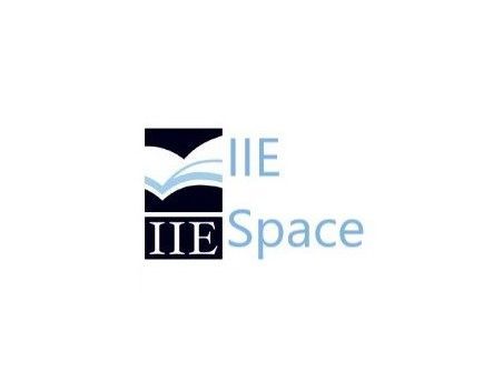 A logo for iie space with a book on a white background.