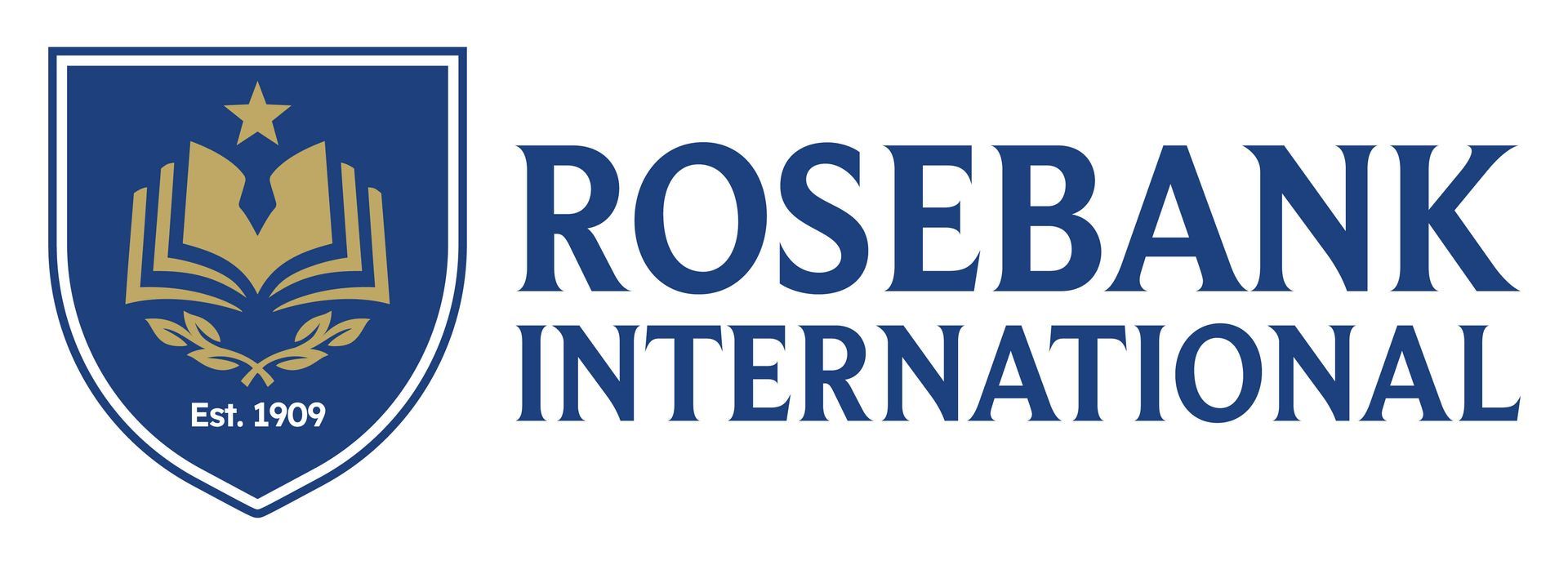 The logo for rosebank college has a book on it.