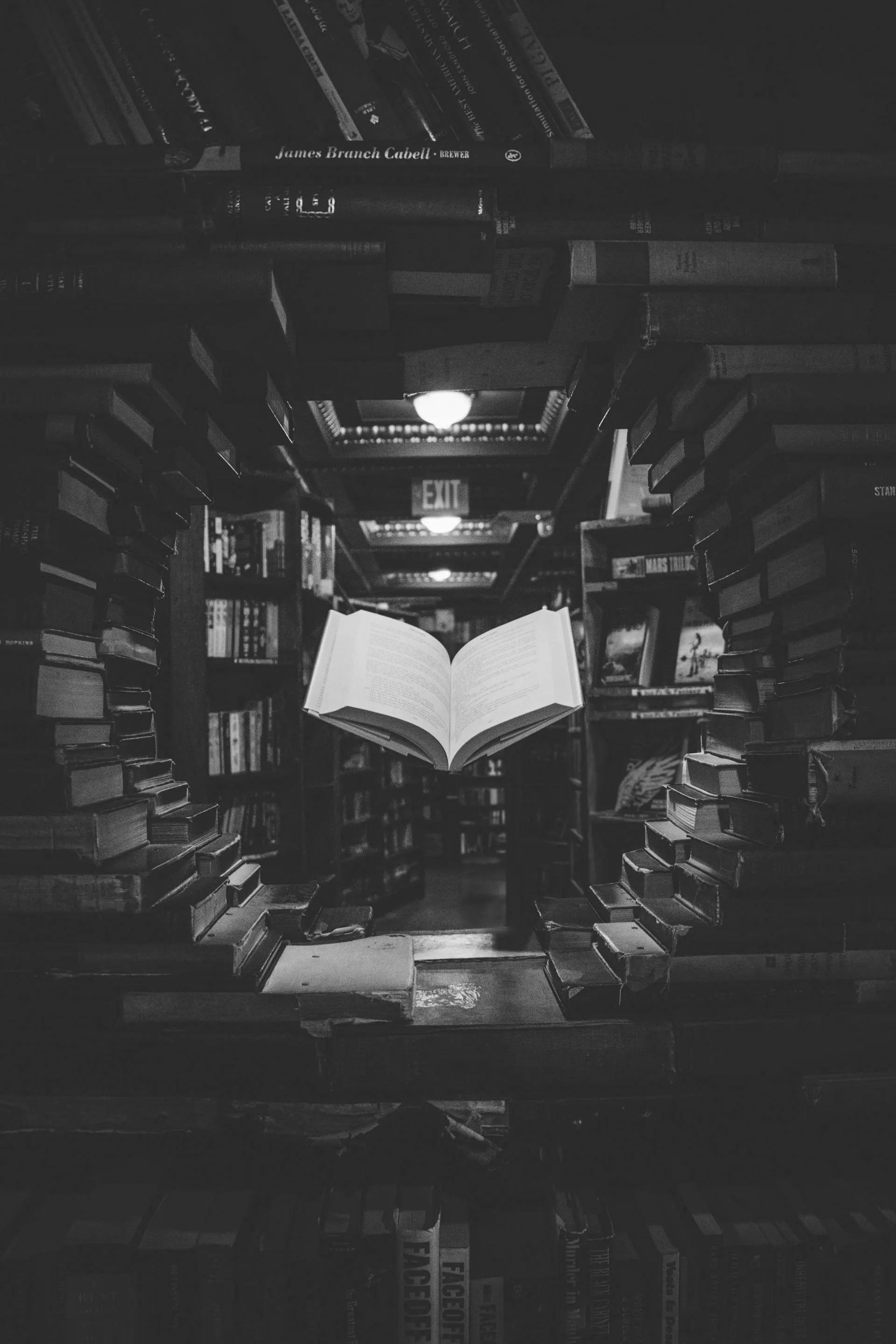 A black and white photo of an open book in a library.