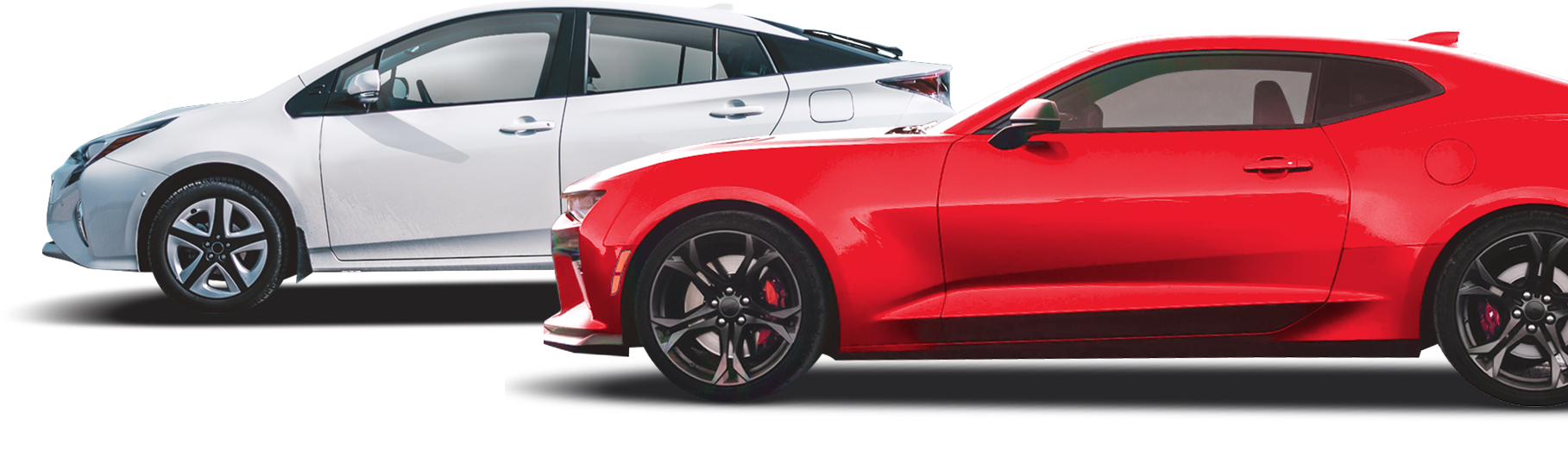 White Toyota Prius and red Chevrolet Camaro side-by-side on a white background. | Front Range Auto