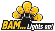 A logo for bam lights on with a bunch of light bulbs