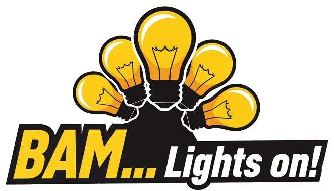 A logo for bam lights on with a bunch of light bulbs