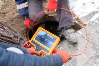 A man is using a camera to look into a manhole.