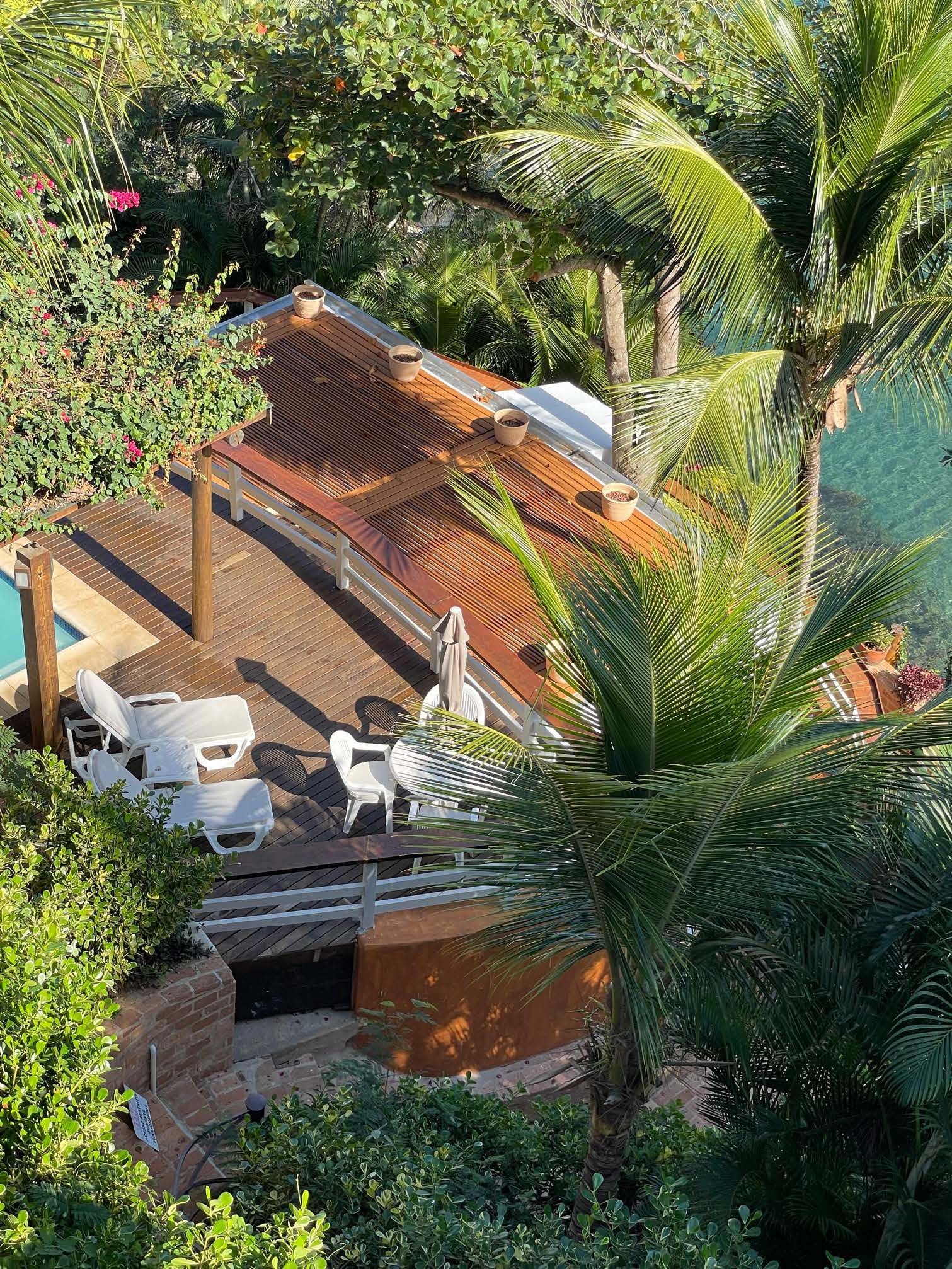 Uma vista aérea de uma casa com piscina cercada por palmeiras.