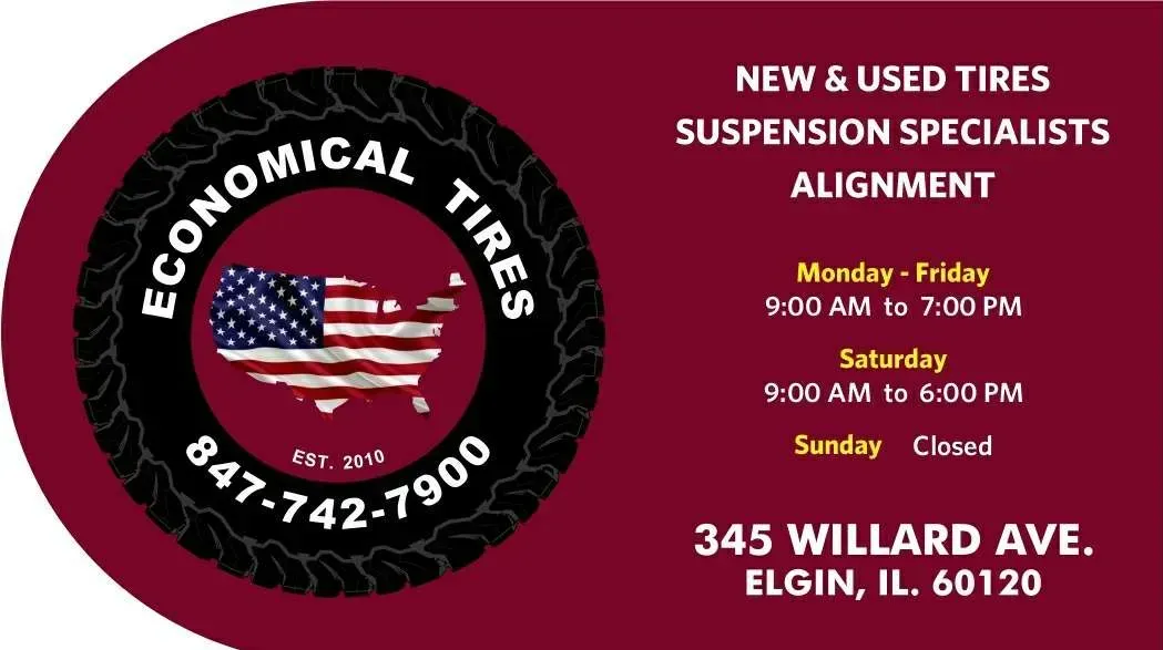 Economical Tires business card: logo with US flag map, contact info, services, hours, address in Elgin, IL.