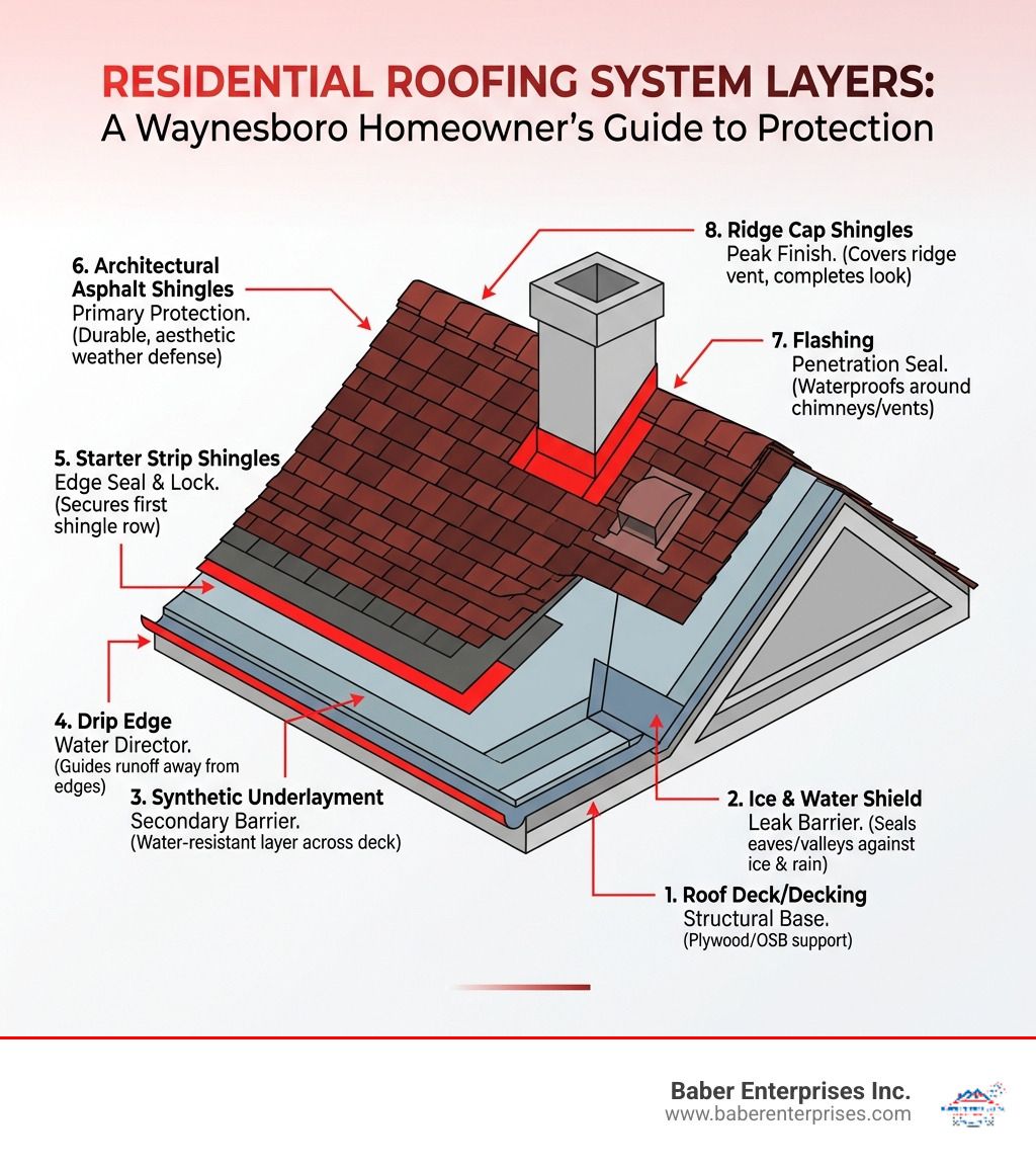 Residential roofing layers diagram showing shingles, underlayment, flashing, and roof deck on a house model