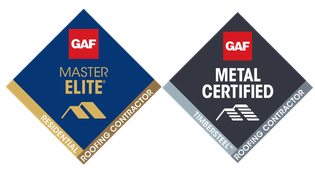 GAF Master Elite and Metal Certified roofing contractor badges, blue-gray diamond logos with gold accents