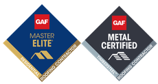 GAF Master Elite and Metal Certified roofing contractor badges, blue-gray diamond logos with gold accents