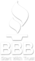 White BBB logo with torch icon and the slogan “Start With Trust”