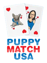 A puppy match usa logo with a dog and a woman on playing cards.