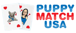 A puppy match usa logo with two playing cards with a woman and a dog on them.