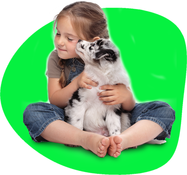 A little girl is sitting on the floor holding a puppy.