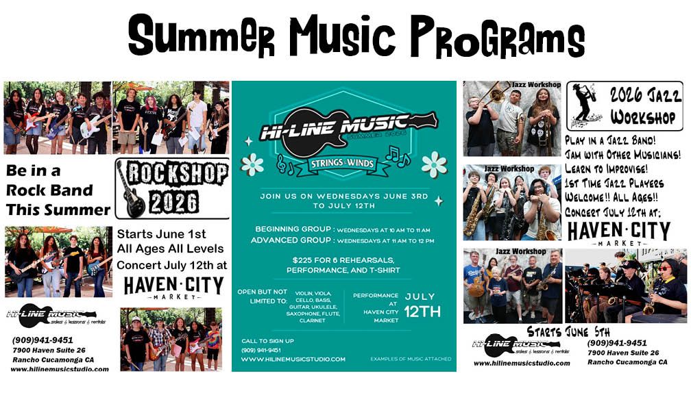 Summer music programs flyer with concert photos, teal schedule, and event details for Havens City.