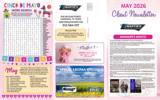 May 2026 News Letter | Martin’s Auto Care