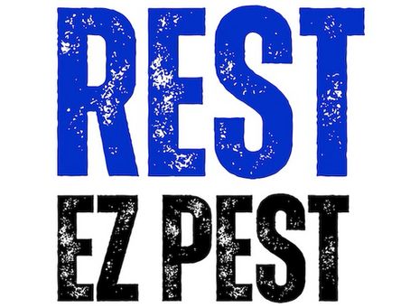Blue and black distressed text reading “REST EZ PEST”