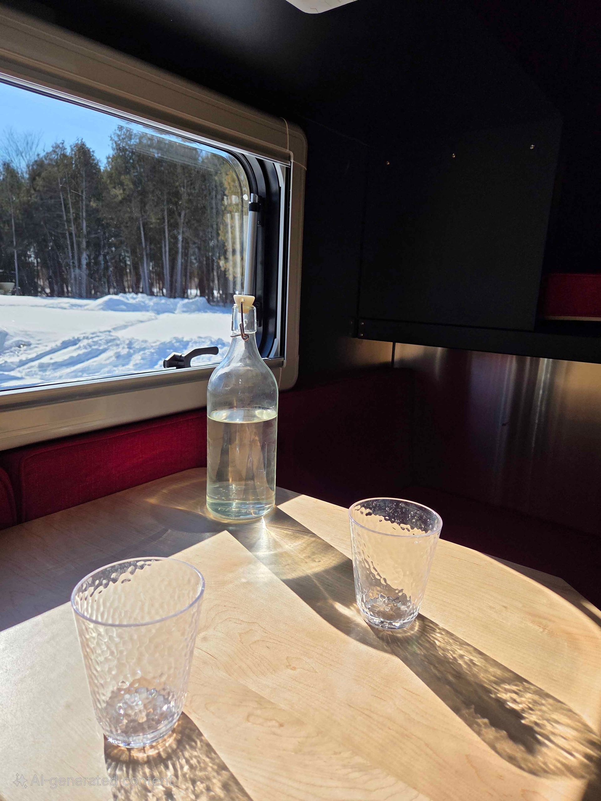 A bottle and two glasses of water on a table inside, with a snowy view through the window.