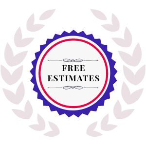 Free Estimates badge with text inside a blue, red, and white design, surrounded by laurel leaves.