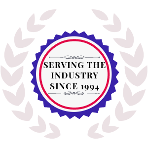 Blue and red badge with the text 